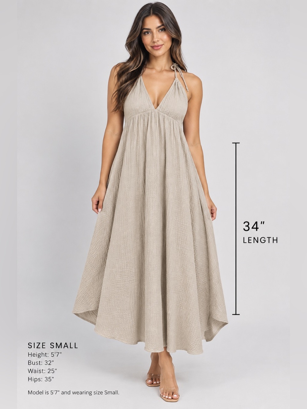 LoveStitch Women's Gauze Halter Maxi Dress - Beige/Taupe - S/M
